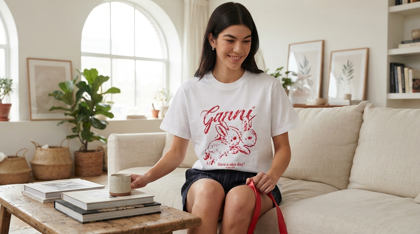 Ganni White Organic Cotton Tee with Red Rabbit Print